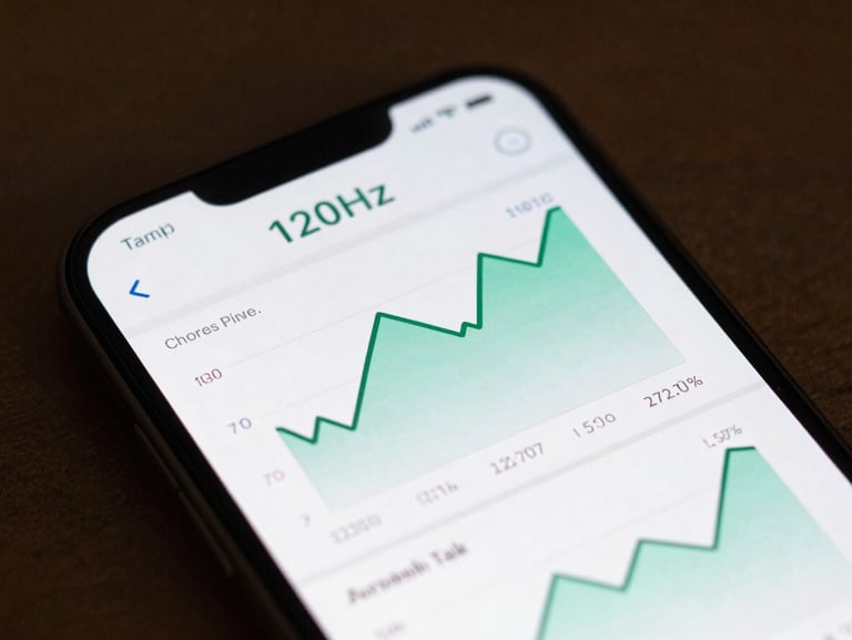 Close-up of a high-utility financial app on an Android device, displaying real-time vector charts with buttery-smooth 120Hz scrolling.