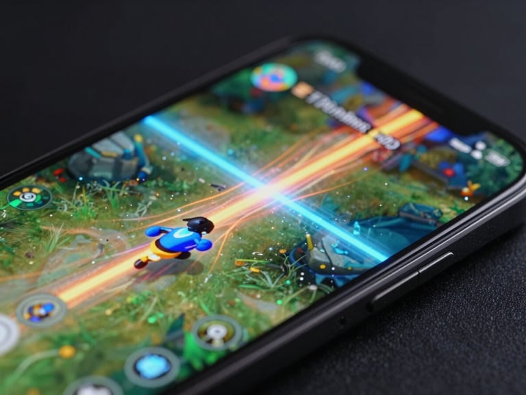 Macro shot of a mobile game running at 120fps, showing fluid particle physics and glowing neon trails on a dark bezel-less phone.