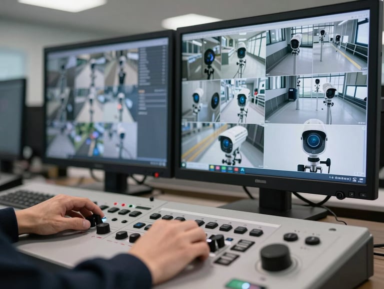 Close-up of a modern security monitoring station with sharp, clear screens showing camera feeds, a professional hand adjusting a control panel in the foreground.