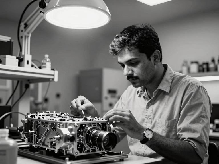 Candid, high-contrast black and white portrait of an engineer inspecting a prototype chassis in the Bangalore lab, sharp overhead technical lighting.