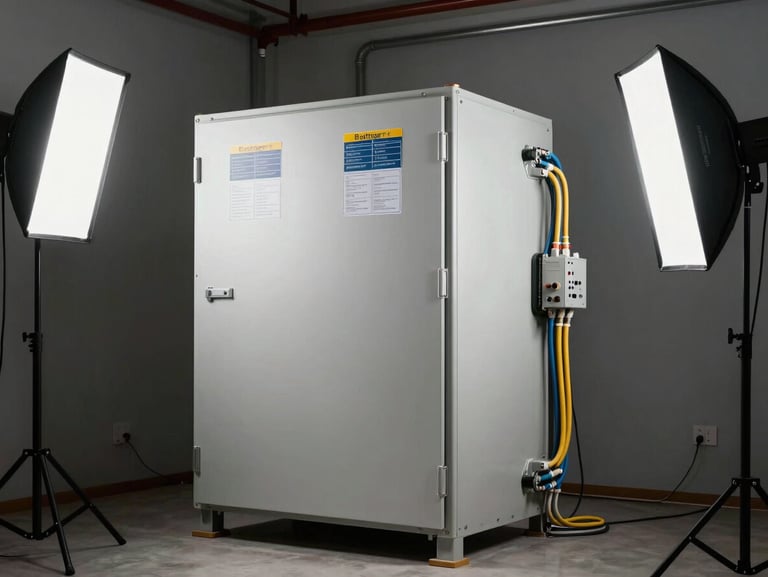 Battery storage unit installed in a residential utility room, cable management visible, studio strobe lighting highlighting component labeling and terminal connections, no people