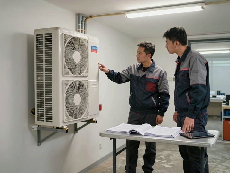 Close documentary shot inside a residential utility room, two technicians in branded workwear examining a heat pump unit mounted to the wall, one pointing at a pipe connection, technical manuals and a tablet on a folding table nearby, fluorescent work lighting, concrete floor, real working environment