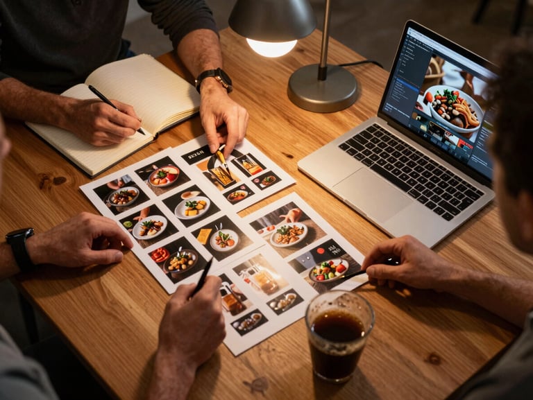 Close overhead view of a small team's hands gathered around a wooden table reviewing printed contact sheets and a laptop screen showing food photography edits, warm tungsten lamp light from above, notebooks and a half-empty coffee cup at the edge of frame