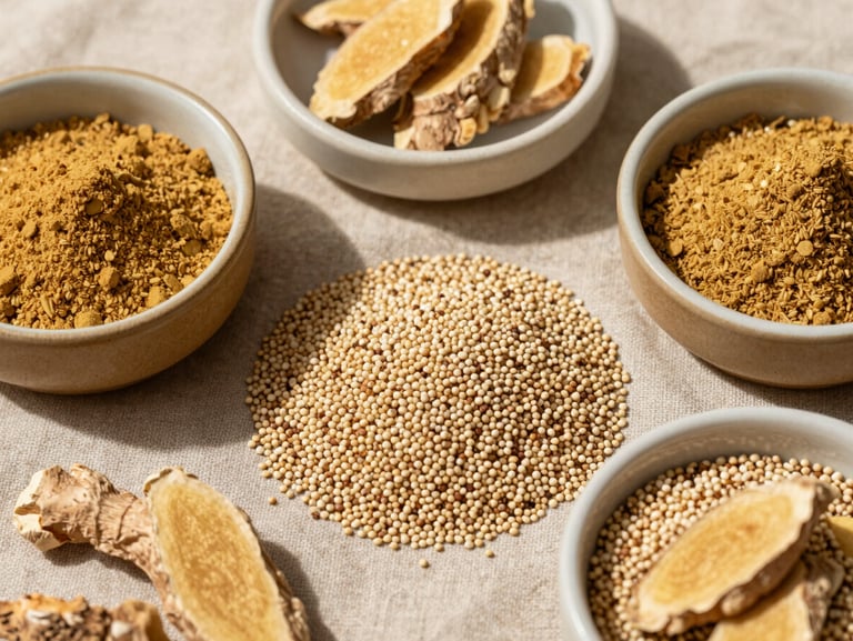 Overhead close-up flat-lay of quinoa grains, dried ginger root pieces and camu camu powder in small ceramic bowls arranged on a rough linen surface, natural north-facing daylight, warm gold and cream tones, no artificial lighting