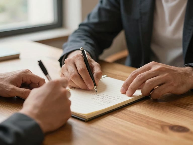 Close-up of two people's hands resting on a wooden table mid-conversation, a notepad with handwritten notes between them, warm natural window light from the left