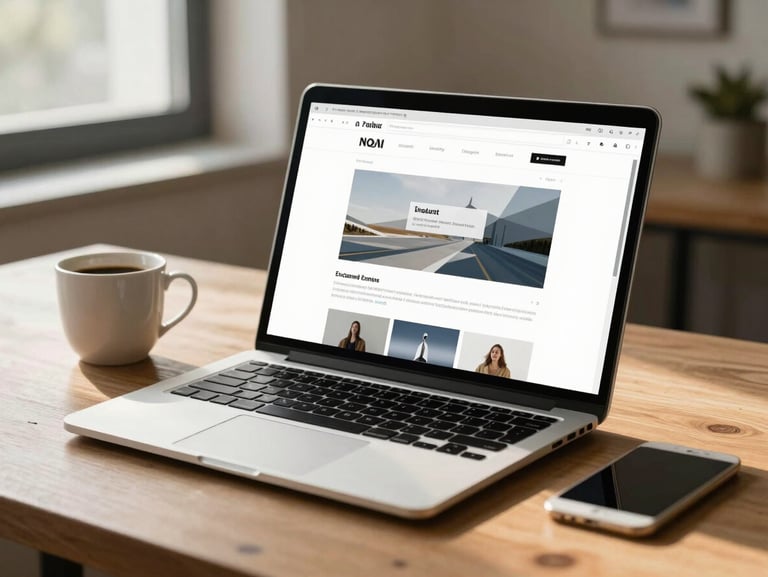 A laptop screen showing a clean website in progress on a wooden desk, a coffee cup to one side, warm afternoon light through a window, calm workspace