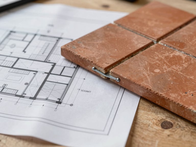 Macro close-up of architectural blueprints overlaying physical terracotta tiles and steel joins on a raw timber worktable.