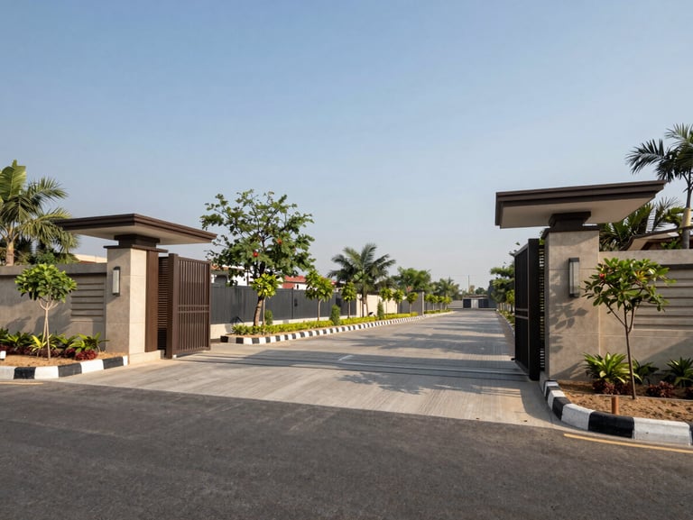 Eye-level perspective shot of a finished gated layout entrance in Hyderabad, showcasing physical site boundaries, concrete curbing, and young avenue plantation under clear skies.
