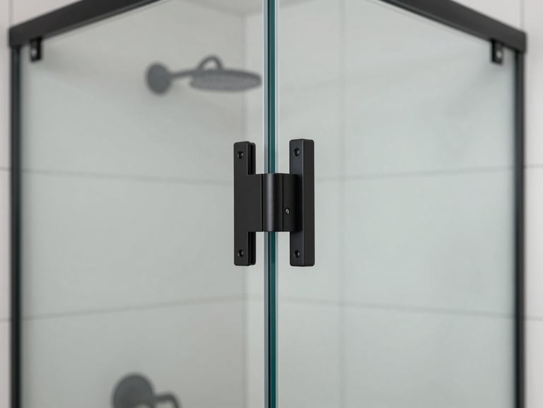Modern frameless glass shower enclosure with heavy-duty matte black metal hinges, clean silicone seal, high-contrast interior, sharp focus
