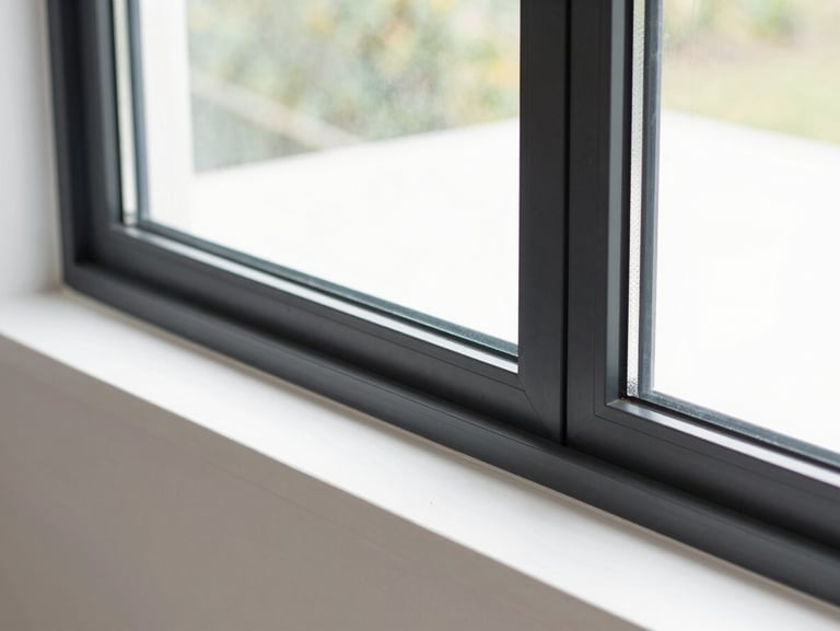 Crisp architectural detail of heavy-duty hurricane-rated impact glass frame, safety glass layers visible, bright daylight, 35mm lens