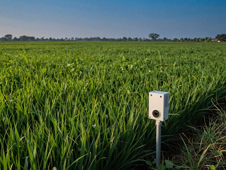 Sweeping wide shot of a lush green agricultural field in Tamil Nadu during golden hour, modern soil sensors visible in the foreground, sharp focus