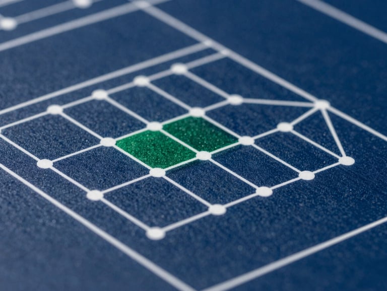 Macro close-up of a structured systems architecture diagram, crisp white node lines on a deep navy background, technical blueprint style, sharp focus