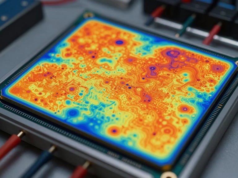 Thermal false-color infrared imaging of a power module under full switching load, vivid orange-to-blue temperature gradient map visible across die surface, test bench context with measurement probes at frame edge, no text overlays