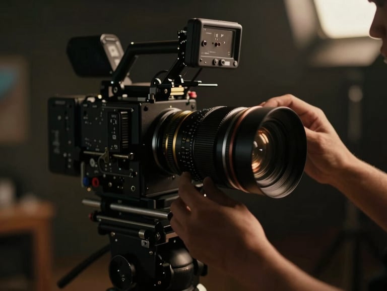 Close-up of hands adjusting a high-end cinema lens on a dimly lit film set, soft golden key light, deep shadows, professional production environment