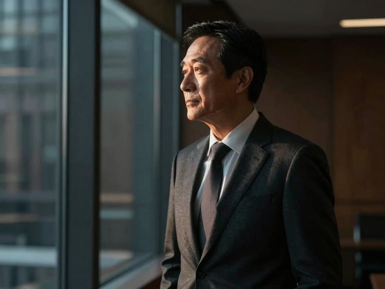 Cinematic portrait of a mature CEO in a deep charcoal suit, dramatic side-lighting, looking thoughtfully out of a high-rise office window, rich dark tones