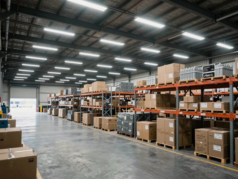Wide environmental shot of a high-volume commercial loading dock under cool bright fluorescent lighting, structured metal racks, organized logistics.