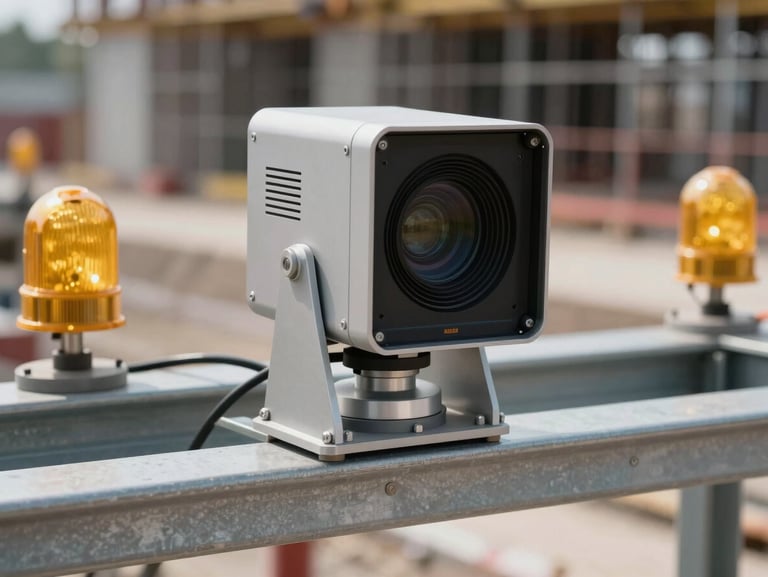 Close-up of a LiDAR sensor unit mounted on a steel gantry at a construction site perimeter, yellow safety lights visible in background, natural daylight, industrial hardware in working condition, no people