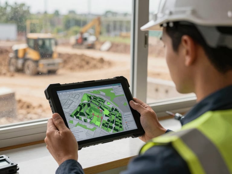 Over-the-shoulder of a site engineer viewing a 3D terrain progress map on a ruggedised tablet, earthworks site visible through a dusty site-office window behind him, natural afternoon light, no staging