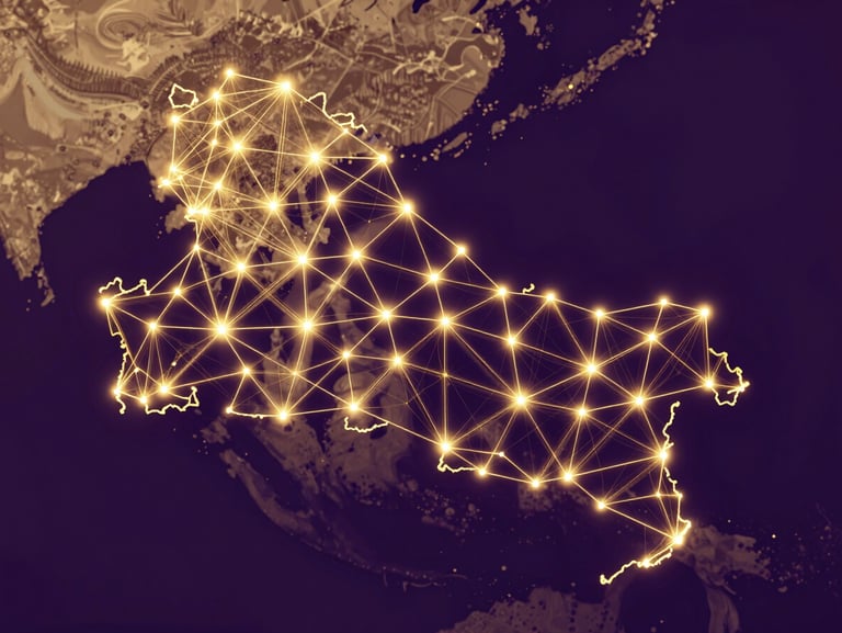 Abstract digital network overlaid with the geographic contours of the Papua map, glowing golden lines on a deep purple background, modern tech aesthetic.