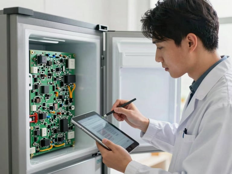 A certified technician in a clean uniform using a digital tablet to analyze a refrigerator control board, bright natural light, clean workspace.
