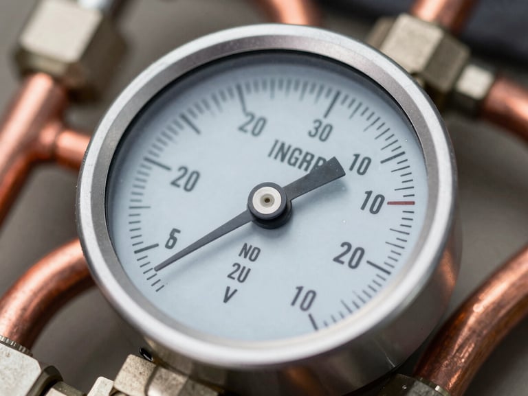 Macro close-up of a digital manifold gauge measuring refrigerant pressure on copper coils, crisp natural lighting, sharp technical focus.