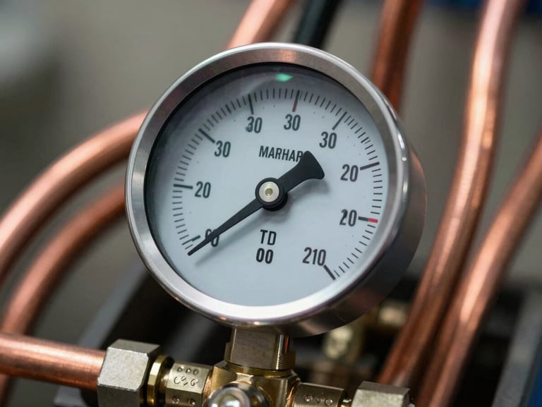 Macro shot of a digital manifold gauge measuring refrigerant pressure on copper cooling lines, clean technical lighting, high-contrast details.