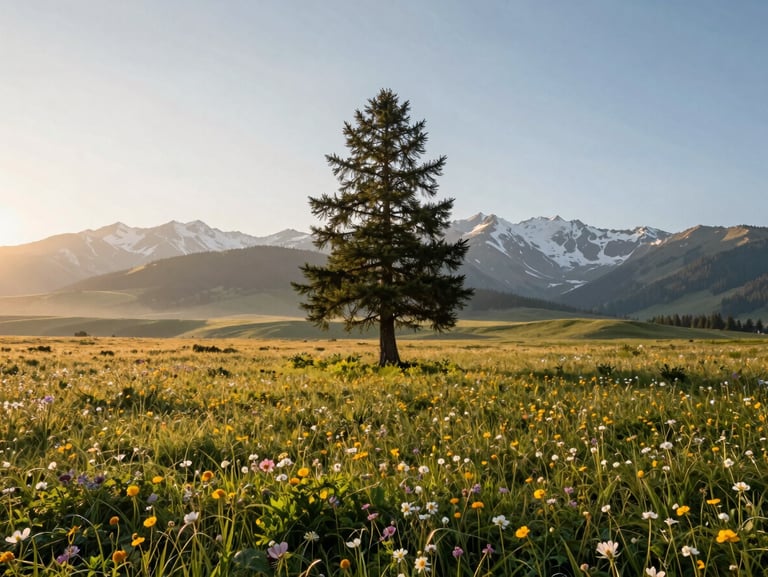 Vast open alpine meadow carpeted with wildflowers, a single majestic pine tree in the center, distant snow-capped mountains under a clear sky.