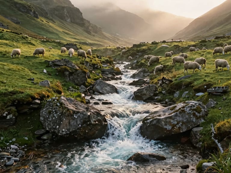 A wild mountain stream rushing over grey boulders, surrounded by lush green hillsides and grazing sheep, soft morning light.