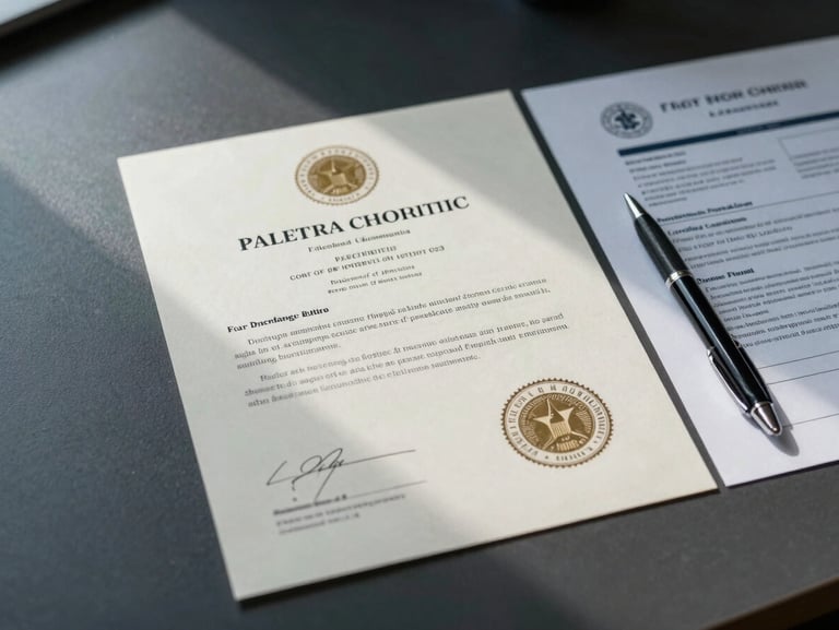 Overhead close-up of official diploma documents and institutional seals arranged on a matte dark desk, cool directional light from left, a pen and a printed academic curriculum beside them, no text visible