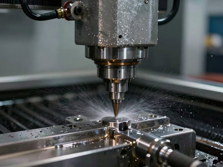Close-up of a multi-axis CNC machine head cutting a heavy steel component, cool-toned coolant spray, high precision