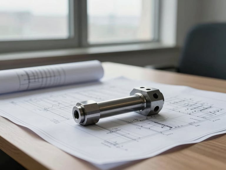 Clean administrative office desk with physical blueprints, a steel machined part resting on technical drawings, natural overcast daylight from a window.