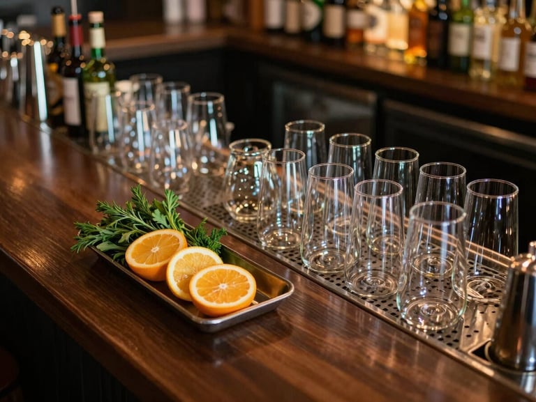 Overhead view of a bar station setup — polished glassware lined in rows, garnish tray with citrus slices and herbs, bottles arranged behind the counter, warm ambient venue lighting