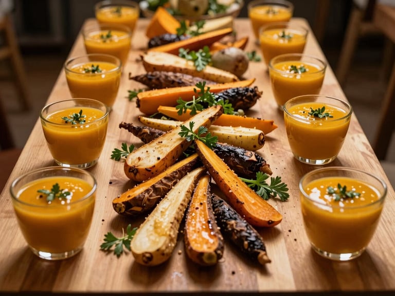 Straight-on shot of a seasonal harvest spread on a long wooden serving board — roasted root vegetables, butternut squash soup in small cups, and fresh herb garnishes under warm golden venue light