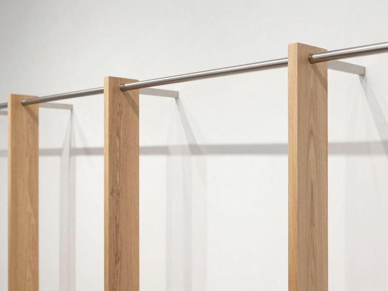 Minimalist lifestyle store interior showing custom apparel racks made of brushed steel and light oak wood, bright lighting