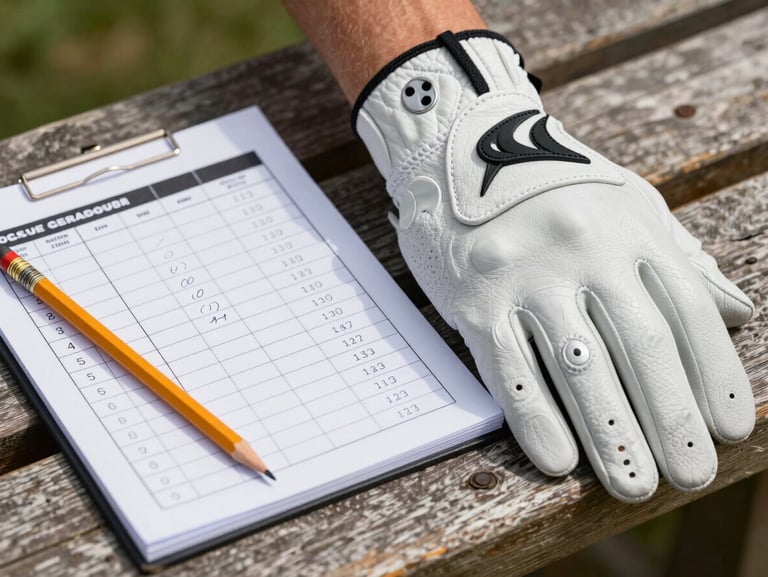Close-up of a clean leather golf glove, a modern scorecard with handwritten scores, and a pencil resting on a wooden bench.