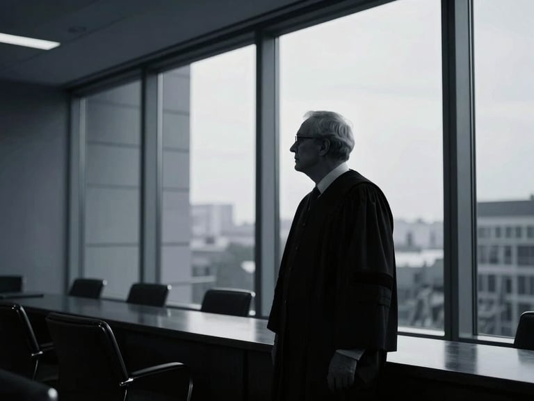 Dramatic architectural portrait silhouette of a senior lawyer in a dark boardroom looking out a glass facade, sharp side-lighting, high contrast, black and white style