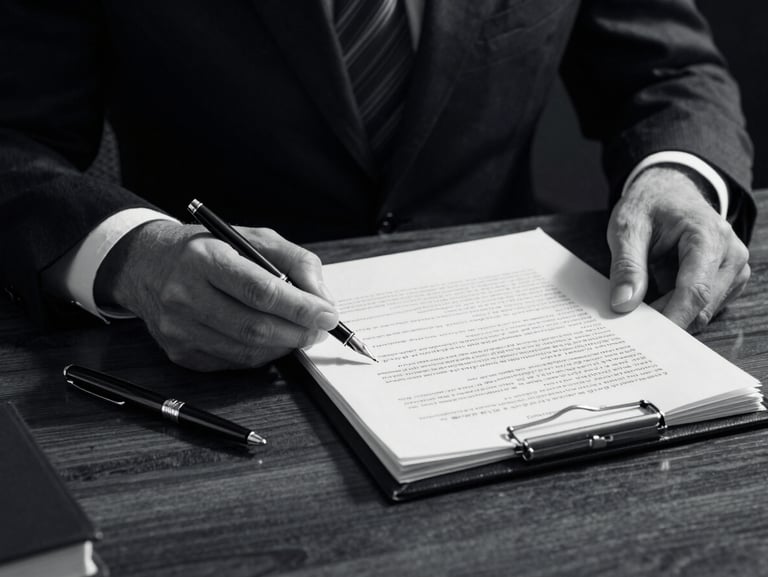 Dramatic close-up of a lawyer's hands reviewing legal folios next to a gold-accented fountain pen on a dark wood desk, sharp side-lighting, black and white style