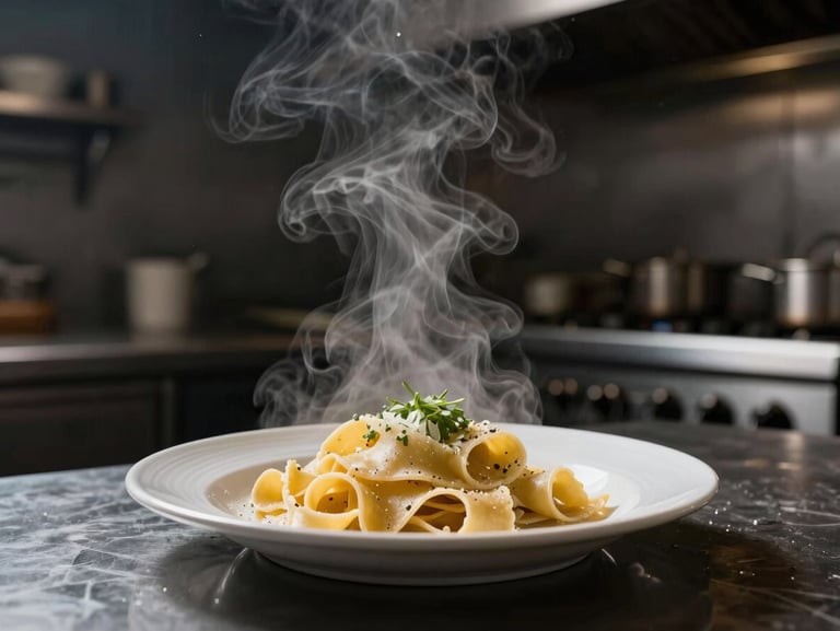 Low-key shot of steam rising from a fresh plate of handmade pasta in a dark restaurant kitchen, dramatic side lighting.