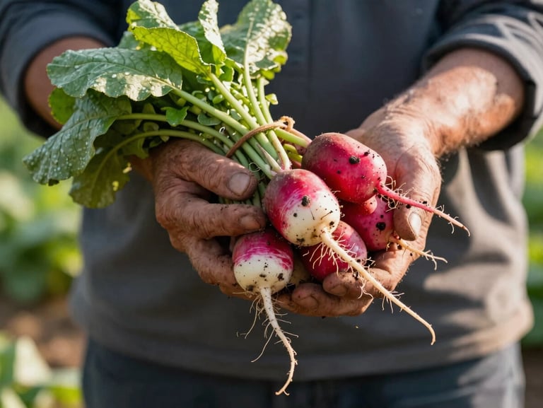 Close-up of a farmer's hands holding a bunch of freshly harvested heirloom radishes, dirt clinging to roots, morning sun.