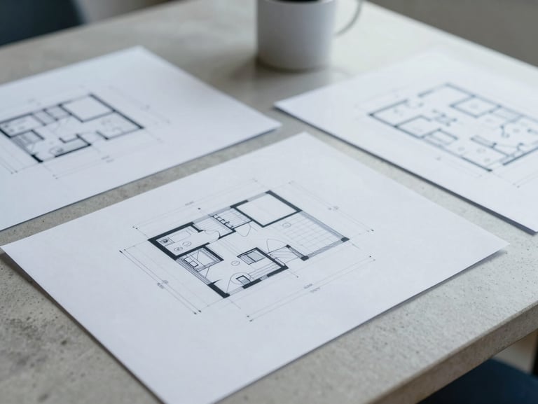 Close-up of technical architectural diagrams on a clean concrete desk, soft natural light, minimalist corporate aesthetic