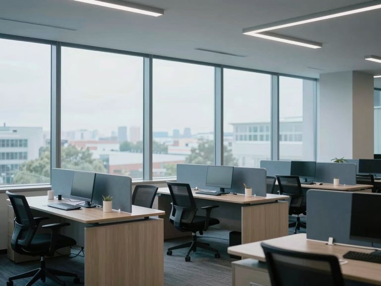 Structured workspace with clean architectural lines, modern desks, and cool daylight streaming through wide windows