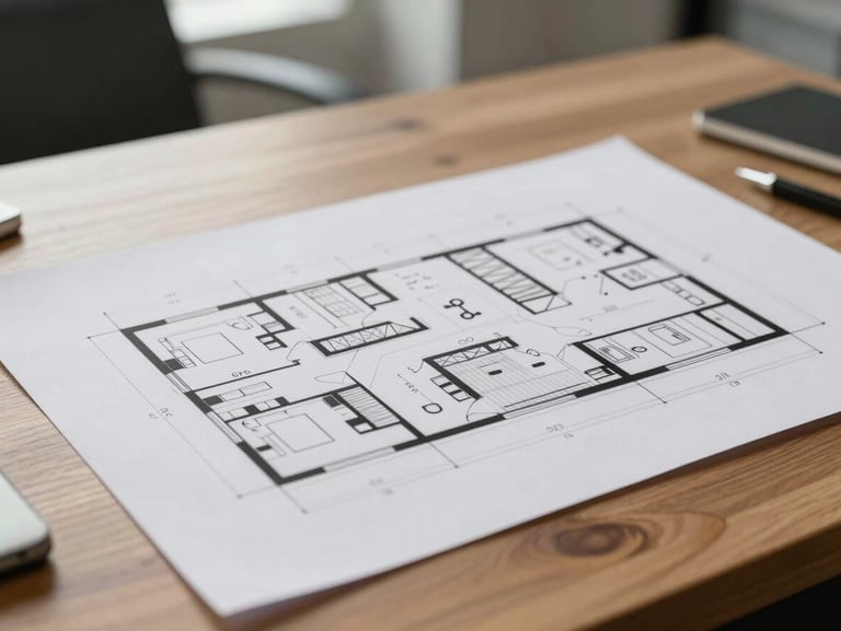 Close-up of a clean, modern architectural office layout plan resting on a wooden desk, soft natural light, professional workplace environment