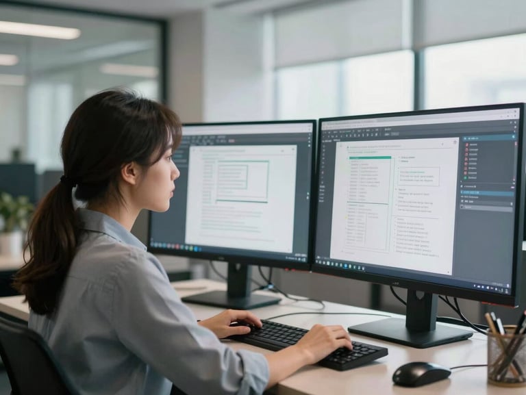 Medium shot of a focused female software architect reviewing technical specifications on dual monitors in a bright, daylight-filled corporate office.