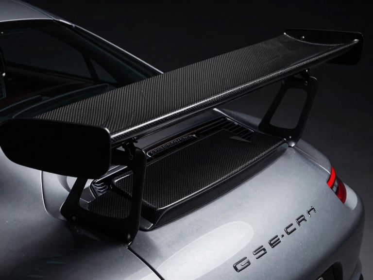 Tight macro shot of the carbon fiber wing and rear engine cover of a silver Porsche 911 GT3 RS, dramatic low-key automotive photography, moody studio lighting, deep shadows, high contrast, 50mm.