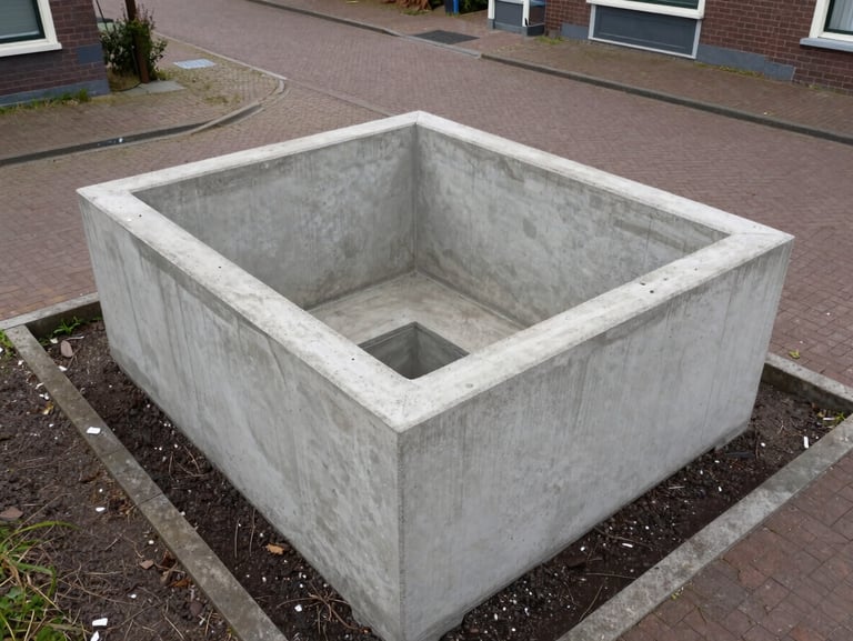Top-down view of a newly installed concrete infiltration crate system in a Dutch residential street, overcast daylight, clean technical layout