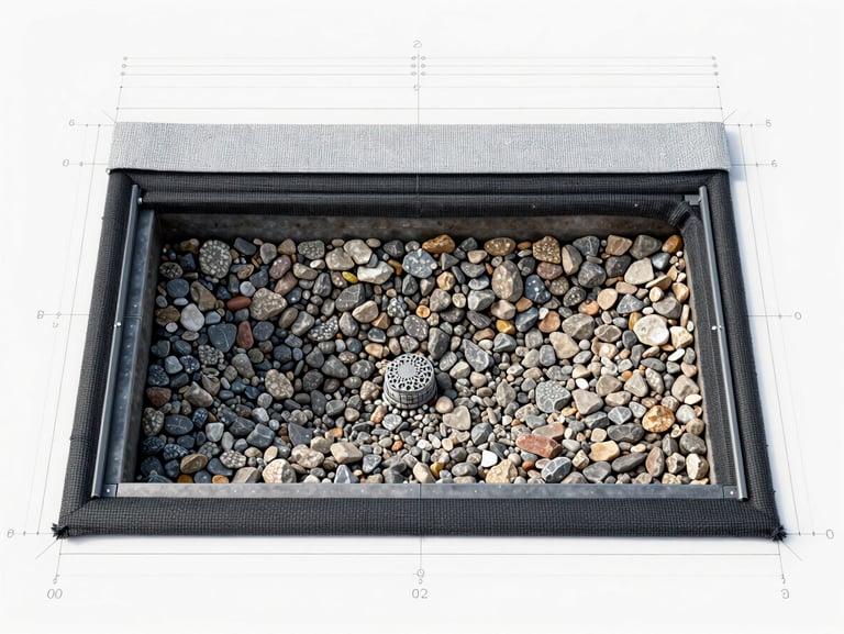 Top-down technical CAD drawing of a street water infiltration system, showing layers of gravel and geofabric, clean blueprint style.