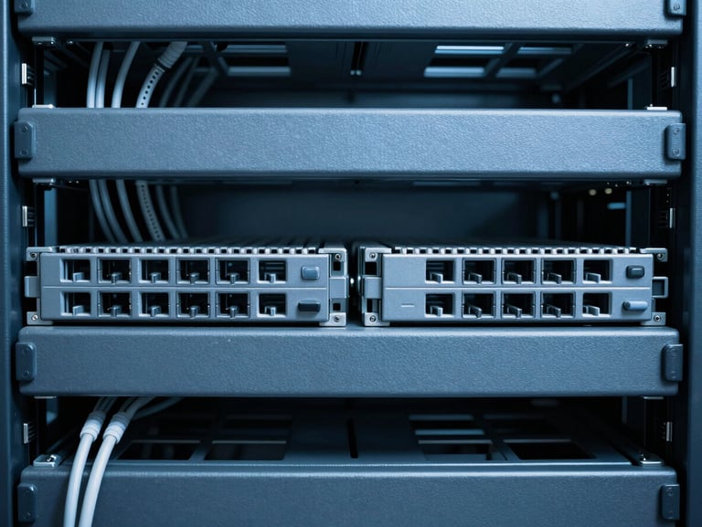 Symmetrical macro shot of clean server rack cabling, cool clinical daylight, sharp defined shadows, blueprint blue and slate gray tones.