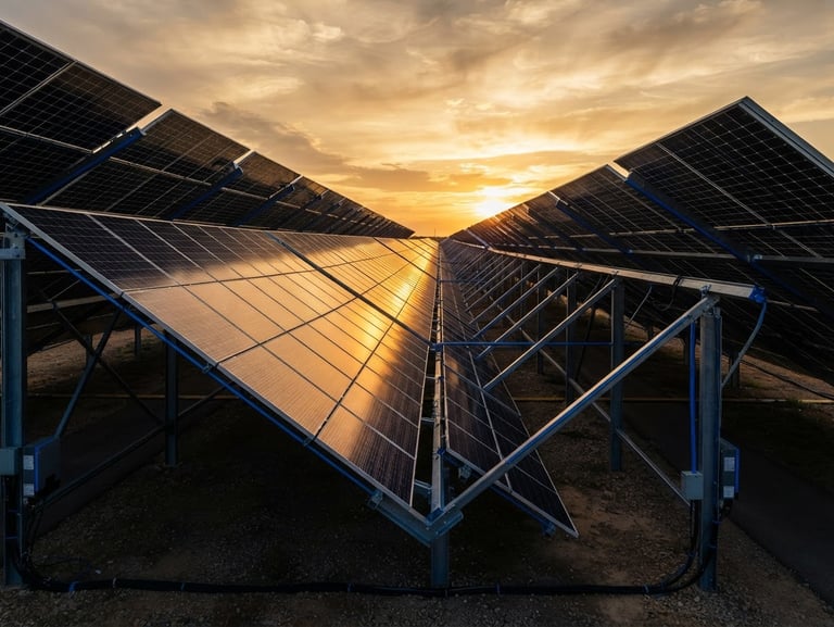 Low-angle heroic shot of a massive industrial solar array, geometric lines of monocrystalline panels reflecting golden-hour light, sharp obsidian shadows, electric blue structural accents, 35mm.