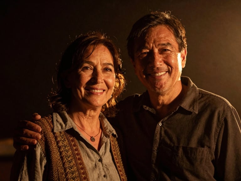 Warm moody portrait of a smiling mature pastoral couple, low-key stage lighting, amber backlighting, deep shadows, intimate and welcoming atmosphere, shallow depth of field.
