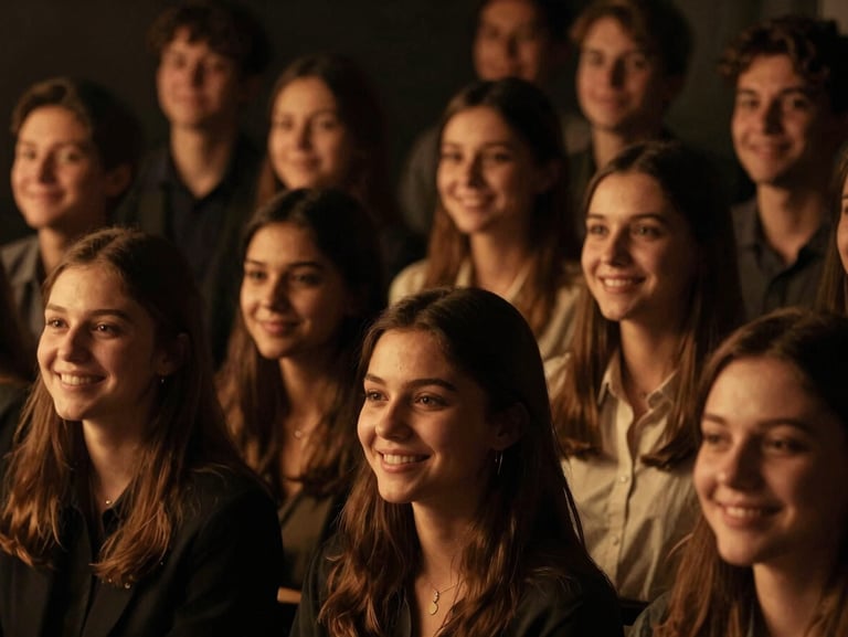 Warm moody portrait of a young leadership team smiling, low-key warm stage lighting, golden tones, deep shadows, shallow depth of field.